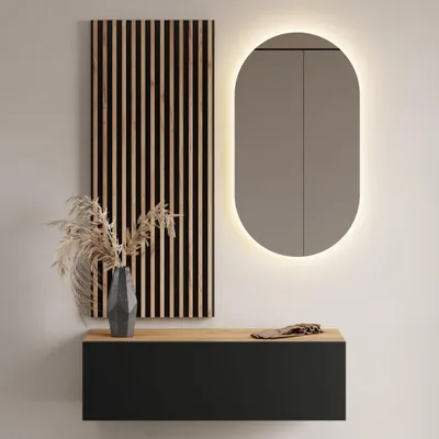 Produktbild von Flurgarderobe 100 cm mit Wandpaneele und Spiegel mit LED-Beleuchtung gold eiche / anthrazit