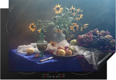 Produktbild von KitchenYeah© Herdabdeckplatte Stilleben - Weintrauben - Sonnenblumen - Obst - Kunst - Malerei , 76x51cm, Küche Deko, Glaskeramikkochfeld Herdabdeckung, Abdeckplatte fùr Kochfeld