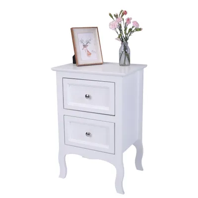 A white nightstand with two drawers is shown against a white background.
