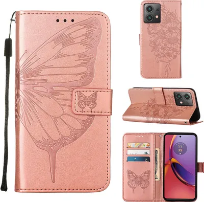 Produktbild von Lederhülle für Motorola Moto G84 Schmetterling Prägung Flip Ledertasche Kartenfächer Handyhülle mit Ständer Pink