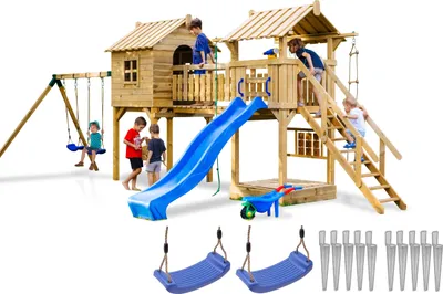 A wooden playground set with a slide, swings, and a small house, with children playing on it.