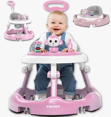 A baby sitting in a pink walker, with other views of the walker shown in smaller images.