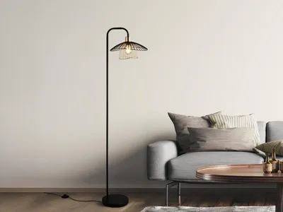 Produktbild von Ausgefallene LED Stehlampe Metall mit Gitter Lampenschirm Schwarz Gold, H: 155cm