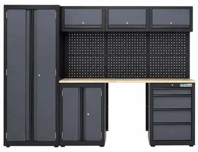 Produktbild von Werkstattwand 13-tlg. modulares Werkstattschranksystem aus Stahl mit Holzarbeitsplatte in Anthrazit