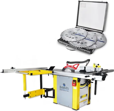 Produktbild von BAMATO Formatkreissäge BFKS-2000 mit serienmäßiger Vorritzeinheit und 3-tlg HM-Kreissägeblattset SBS315SET