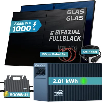 Produktbild von SUNNIVA® 1000W Balkonkraftwerk mit 2,01 kWh Speicher TSUN TSOL-DCU2000Lite, 2x 500W BIFAZIAL FULLBLACK komplett Steckdose, Solaranlage + Solarspeicher