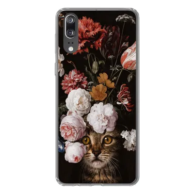 Produktbild von MuchoWow® Handyhülle Schutzhülle Hülle für Huawei P20 Katze - Blumen - Kunst Silikon Softcase Handy Hülle - Hardcover