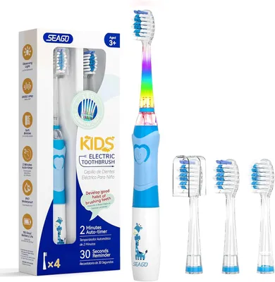 Produktbild von Elektrische Zahnbürste Kinder ab 3 Jahren mit bunten LED Licht, 4 Aufsteckbürste, Smart Timer, Wasserdicht IPX7 mit integrierte LED-Licht