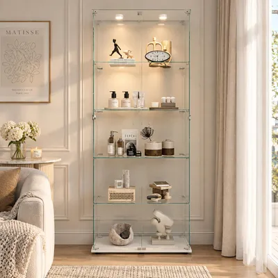 Image de Vitrine LED en verre, meuble vitrine à double porte avec 5 étagères, en verre trempé, étagères réglables, pour salon ou chambre, dimensions : 36 x 80 x 183 cm, couleur : blanc, Image générée par une IA