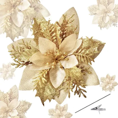 Produktbild von Künstliche Weihnachtsblume Poinsettia Christbaumschmuck - Glitzer - 14 cm - 15 Stück - Gold