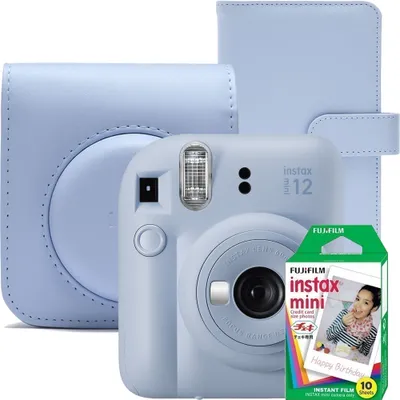 Zdjęcie produktu dla Aparat natychmiastowy Fujifilm Instax Mini 12, Pastelowy Niebieski z etui, albumem na zdjęcia, 1x10 kliszą, aparat do robienia zdjęć natychmiastowych,