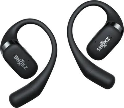 A pair of black Shokz open-ear headphones against a white background.
