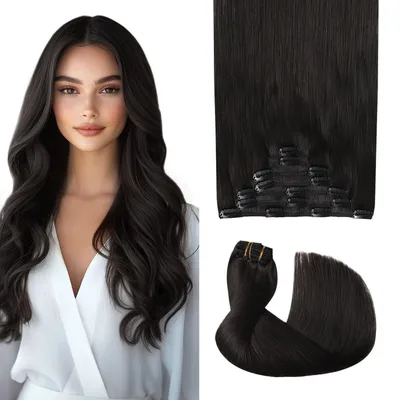 Image de Extensions de cheveux à clipser, cheveux naturels #1B, noir naturel, 45 cm, 120 g, 7 pièces, tissage double Remy