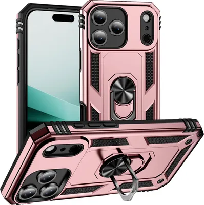 Obrázek produktu pro Pouzdro pro iPhone 18 Pro dvouvrstvé robustní, vojenská ochrana pouzdro s držákem prstenu a stojánkem Růžové zlato
