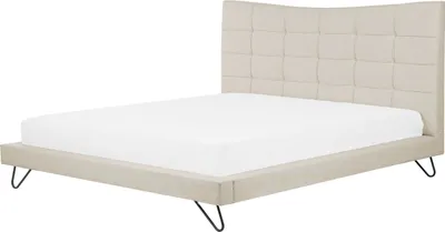 Produktbild von BELIANI Polsterbett Beige Stoffbezug in Leinenoptik mit Lattenrost 180 x 200 cm Hohes Kopfteil Gesteppt Schwarze Metallbeine Skandi Modern Doppelbett