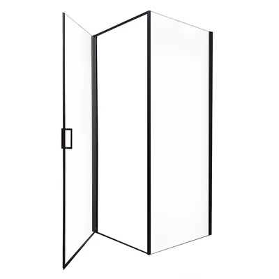 A shower enclosure with a black frame and clear glass panels, shown from a slightly angled perspective with one door ajar.