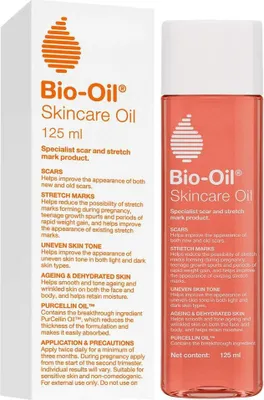 A product box and bottle of Bio-Oil Skincare Oil.