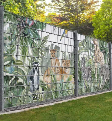 Produktbild von Sichtschutzstreifen Dschungeltiere mit Palmen Sichtschutz Garten Zaun - Teil1 + Teil2 - 500x180cm