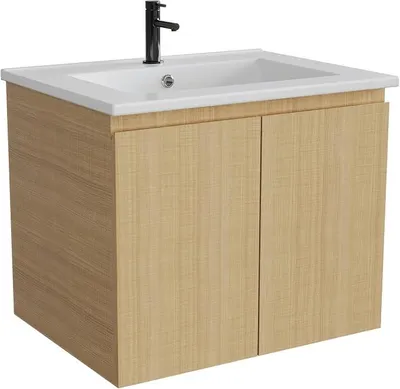 Produktbild von Badezimmerschrank mit Doppeltüren und 60 cm Waschbecken - Wandhängender Waschtisch mit Unterschrank, Keramikwaschtisch 60 cm