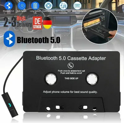 A Bluetooth 5.0 cassette adapter for cars, shown in a marketing image with overlaid text and icons.