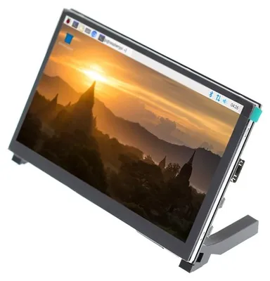 Obrázek produktu pro 7" dotykový displej s rozlišením 1024 × 600 px a technologií IPS, určený pro Raspberry Pi a počítače. Používá připojení HDMI