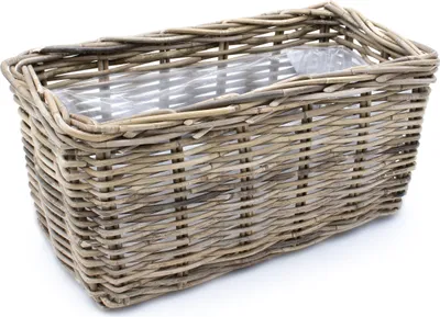 Image de Jardinière en osier naturel - 40 cm / carrée - Panier à fleurs en rotin avec film plastique - Décoration de jardin Panier tressé Pot de fleurs