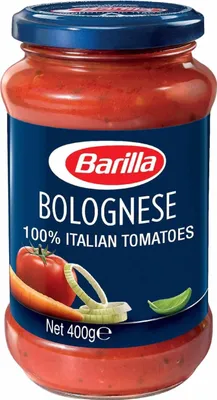 A jar of Barilla Bolognese sauce on a white background.