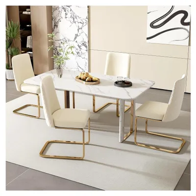 Produktbild von Schwingstuhl 4er-Set, Samt Esszimmerstühle mit Metallbeinen, bequeme Freischwinger für Wohnzimmer und Schlafzimmer, Beige & Gold
