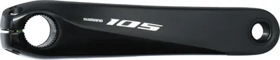 A black bicycle crank arm with Shimano 105 branding.