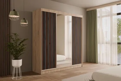 Produktbild von ALTDECOR Kleiderschrank mit Spiegel und Schiebetüren,  Garderobenschrank mit  Lamellentüren Schwebetürenschrank mit Lamel, Schrank V2-ZENTI 215x200 cm Sonoma Eiche/Schwarz