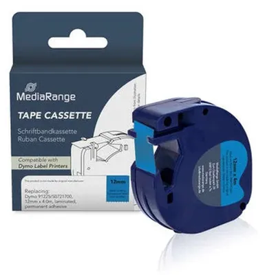 Produktbild von MediaRange Kunststoff-Schriftbandkassette, für/ersetzt Dymo® 91222/S0721670, permanent haftend, 12mm, 4m, laminiert, schwarz auf gelb, Scwarz auf blau, Blau, Kunststoff, DYMO, LetraTAG LT-100H, LT-100T, 1,2 cm