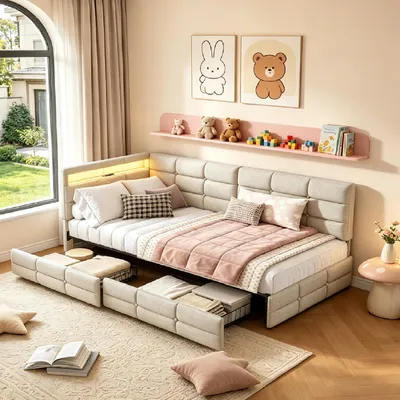 Obrázok produktu pre Dvojlôžková posteľ 90x200 cm so skladovacím priestorom – rozkladacia pohovka – hosťovská posteľ – zamatová látka – polstrované operadlo – USB-C/USB-A port