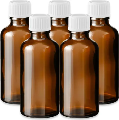 Produktbild von 5x Glasflasche Braun 50 ml mit weißem Kunststoff Schraubverschluss Set