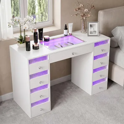 Obrázok produktu pre VANITII Toaletný stolík s LED osvetlením, 9 zásuviek, biela farba, rozmer 130 x 55 x 81 cm