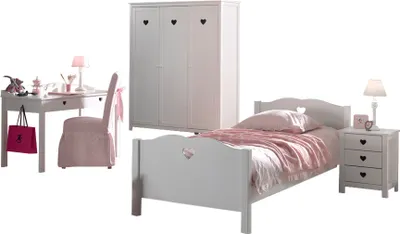 Image de Ensemble Amori composé de : Lit simple, chevet, bureau et armoire 3 portes, blanc