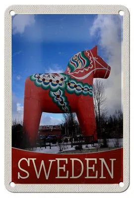 Produktbild von Blechschild Reise 12x18cm Schweden rotes Pferd Skulptur Dekoration