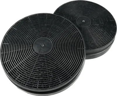 Two black circular carbon filters are shown against a white background.