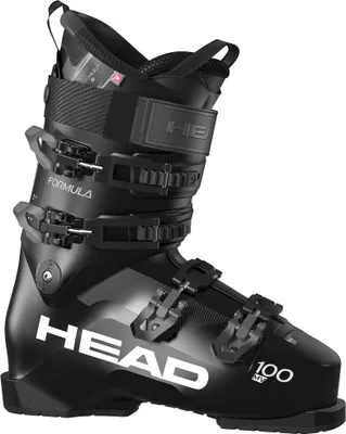 A black ski boot on a white background.