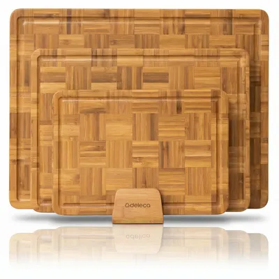 Produktbild von Deleca Schneidebrett Set, 3-teilig, mit Halter, Bambus, Holz Schneidebrett, Holzbrett, 40x30, 33x24, 26x18 cm, Küchenbrett, Servierbrett