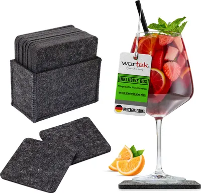 Produktbild von wortek Filz Untersetzer - Deko Tischset + Aufbewahrungsbox I für Gläser & Tisch, 10er Set I 10cm I Eckig, Anthrazit