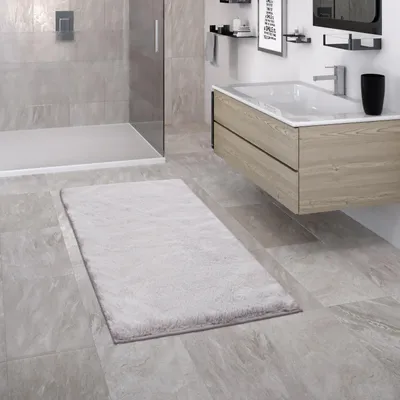 Produktbild von Hochflor Teppich Badezimmer waschmaschinenwaschbar Unifarben schmutzabweisend Grau Rechteckig 50x80 | 100% Polyester | Florhöhe: 22 mm | pflegeleicht