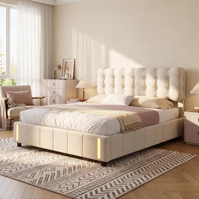 Produktbild von INONEFT Stauraumbett Polsterbett 160x200cm mit LED, Boxspringbett mit Bettkasten,Doppelbett Bettgestell mit Lattenrost/Stauraum,Jugendbett, Samt,Beige