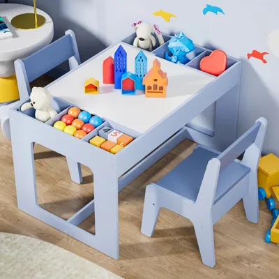 Immagine prodotto di Tavolo per bambini con 2 sgabelli - Tavolo da gioco - Set tavolo per bambini - Tavolo in legno per bambini - Tavolo con lavagna - Multifunzionale