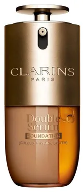 Imagen del producto de Clarins DOUBLE SERUM FOUNDATION, envase con bomba, base de maquillaje líquida, para todo tipo de piel, antifatiga, hidratante, iluminadora, suavizante, tono M5N, acabado satinado