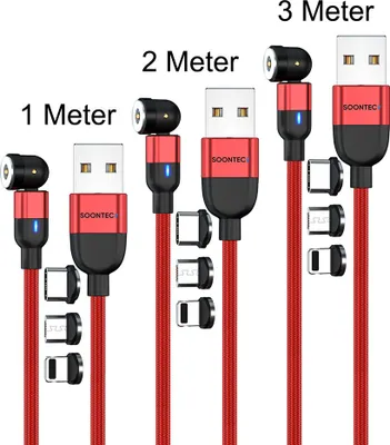 Zdjęcie produktu dla Zestaw 3 magnetycznych kabli ładujących SOONTEC (1 metr+2 metry+3 metry) z możliwością obracania o 360° i 180° z 3 wtyczkami Micro USB/ USB-C/ Lightning 2.4 A (czerwony)