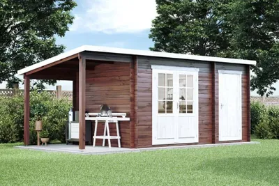 Produktbild von Alpholz Gartenhaus Maria mit Anbau & Schleppdach aus Holz 598 x 272 cm mit 40mm Wandstärke in Imprägnierung Pinie