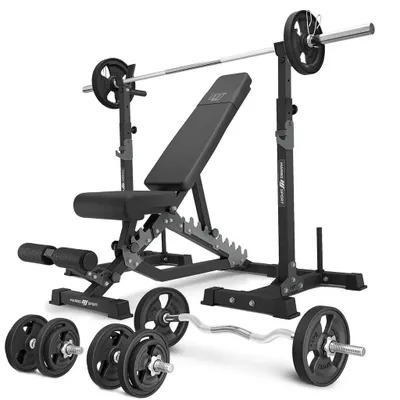 Image de Marbo Sport - Ensemble MS34_2.0_83KG_G | Banc double face + support d'haltères (2 pièces) avec sécurité + ensemble de barres et de disques d'haltères caoutchoutés 83 kg