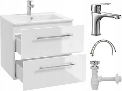 A bathroom vanity with a sink, faucet, and plumbing accessories, presented as a product image.