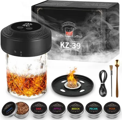Productafbeelding van Elektrische Cocktail Smoker Kit - 6 gearomatiseerde houtsnippers - Oplaadbare whisky rookset - RGB-licht ouderwetse whisky rookoven