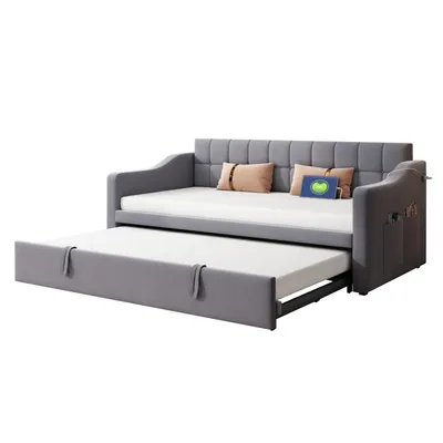 Produktbild von Polsterbett Schlafsofa 2 in 1 Multifunktionsschlafsofa 90/180, Grau Samtstoff Polsterbett mit Steckdose und Aufbewahrungstasche